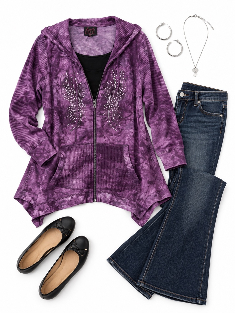 French Blue 2X Purple Tie Dye Rhinestone Zip Hoodie Tunic Boho Asymmetrical Stud